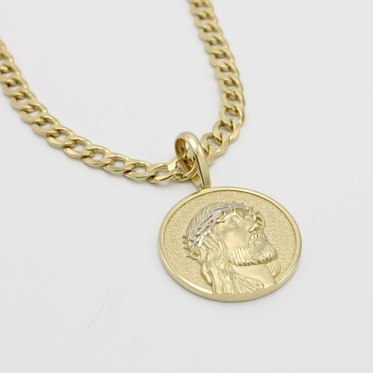 14K Jesus Pendant With Semi-Solid Flat Cuban Chain Yellow Gold