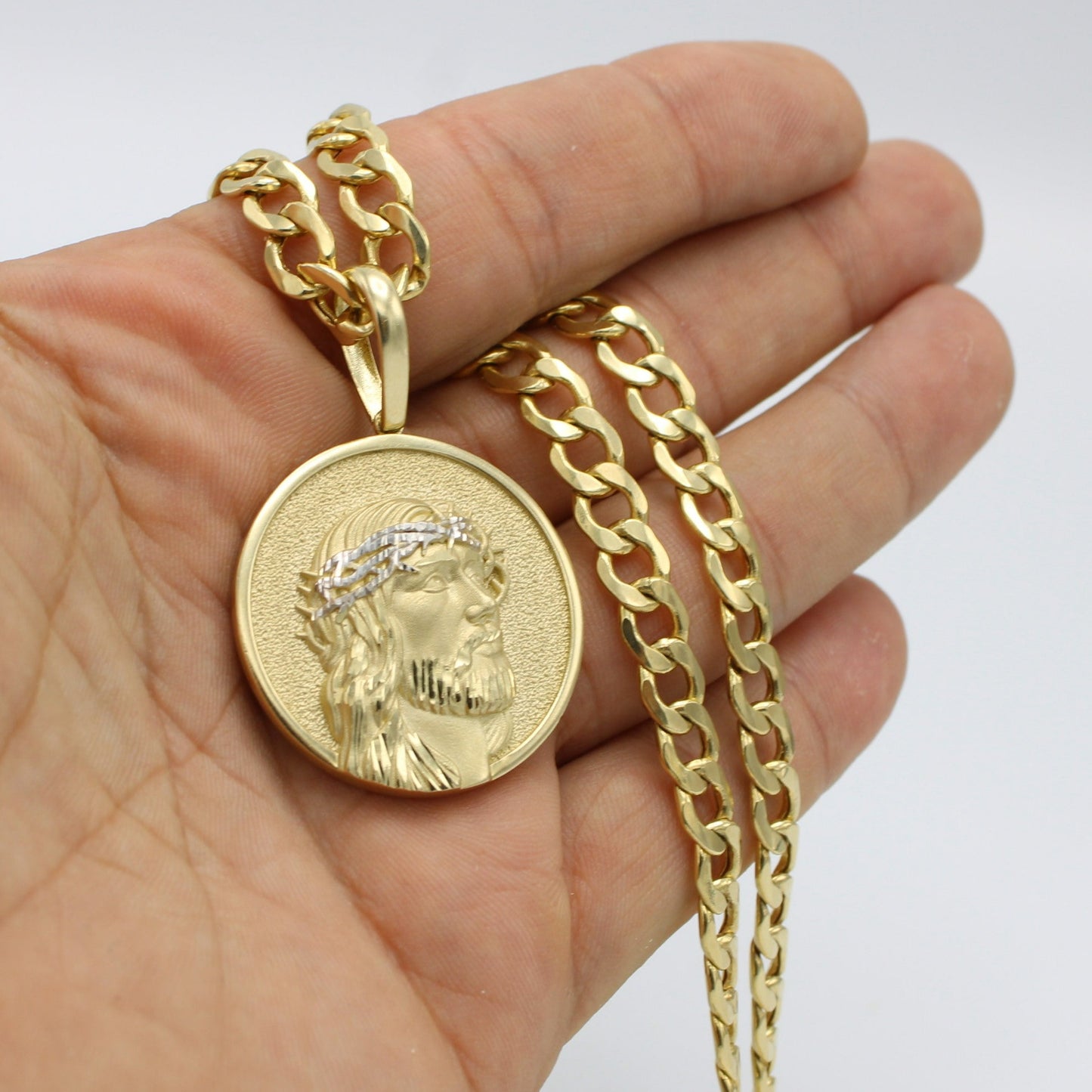 14K Jesus Pendant With Semi-Solid Flat Cuban Chain Yellow Gold