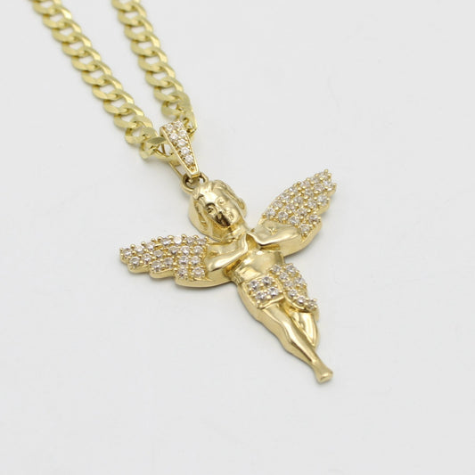 14K Angel Pendant Cz Stones With Solid Flat Cuban Chain Yellow Gold