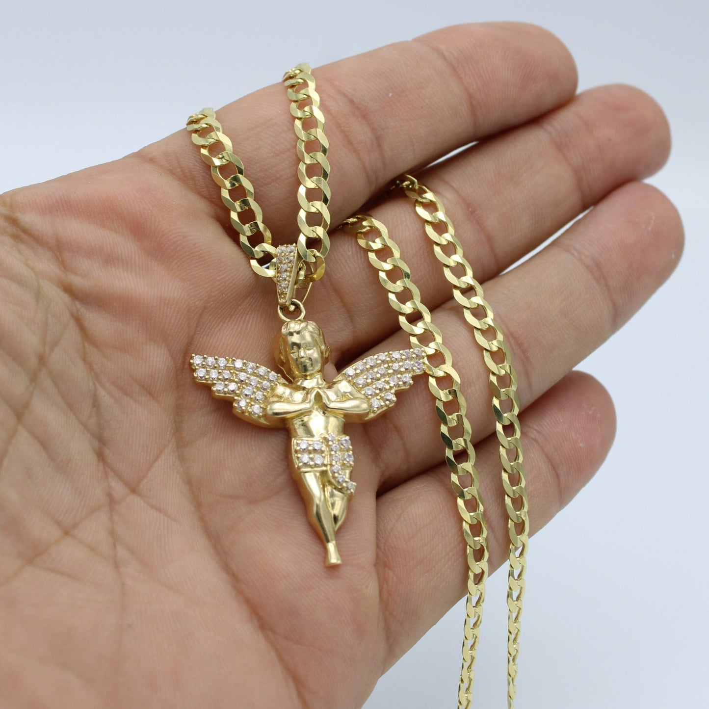 14K Angel Pendant Cz Stones With Solid Flat Cuban Chain Yellow Gold