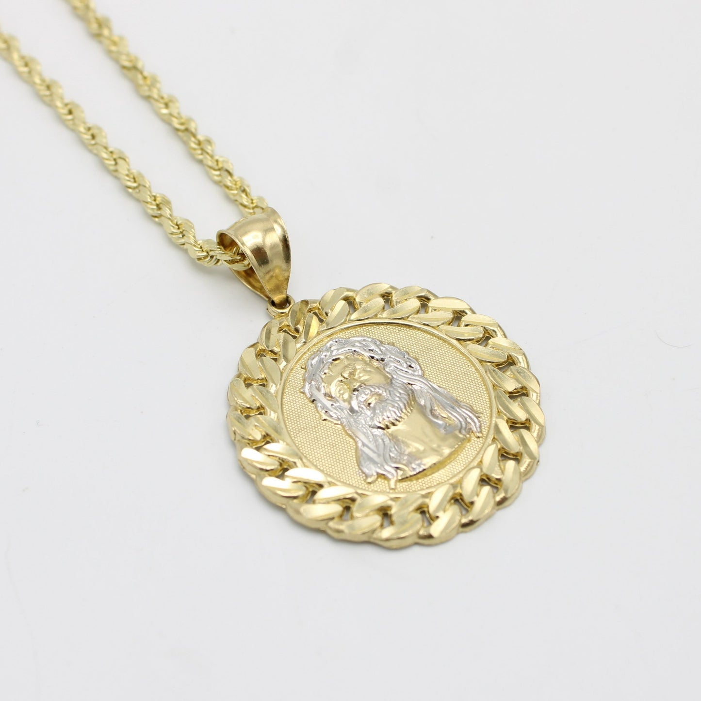 14K Jesus Face Pendant Two Tones With Rope Chain Yellow Gold