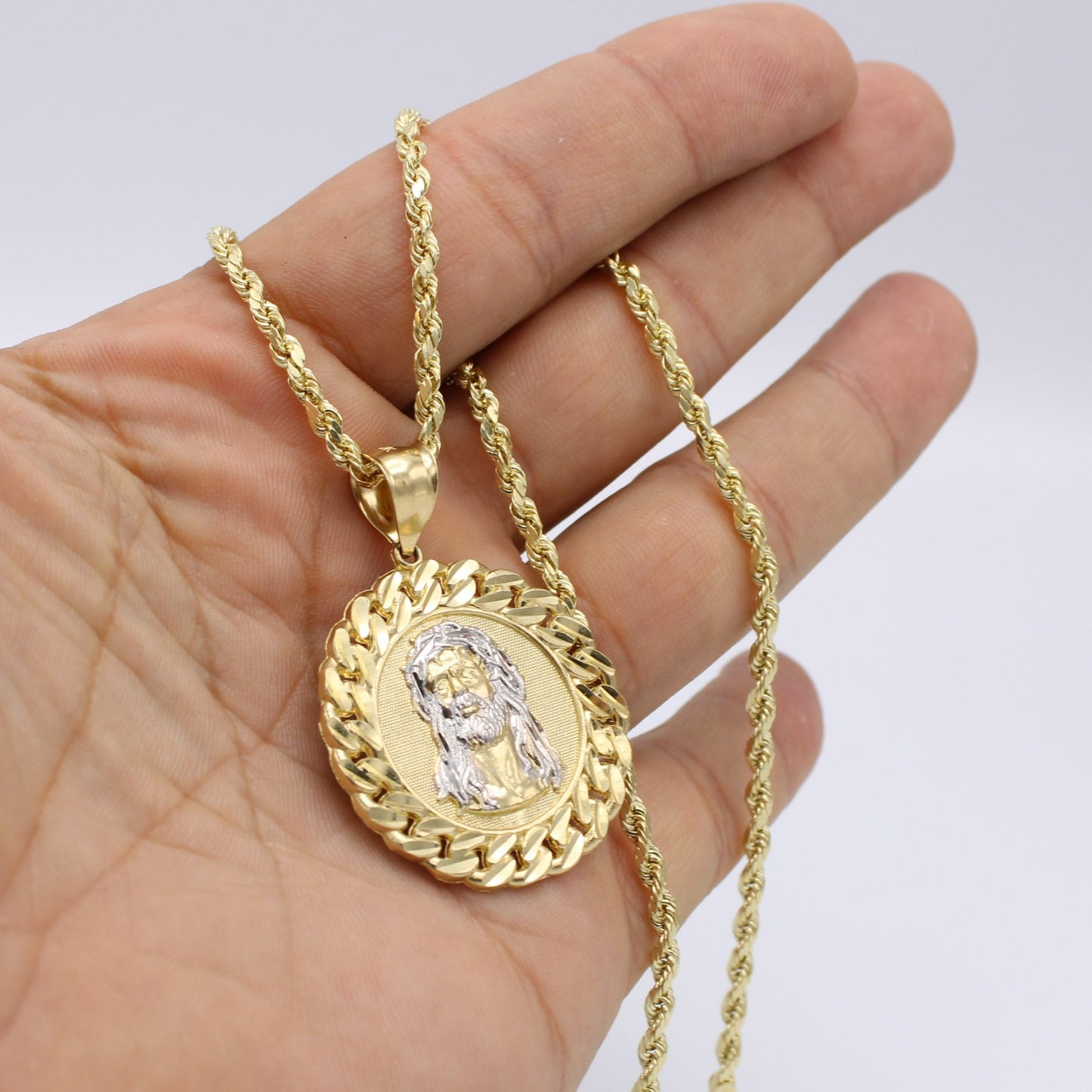 14K Jesus Face Pendant Two Tones With Rope Chain Yellow Gold