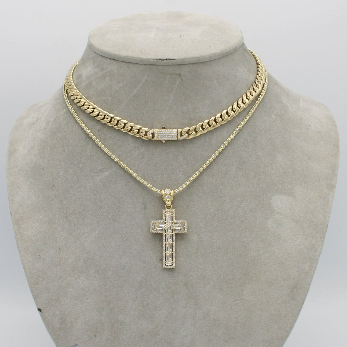 14K Set Choker (16") With Ice Chain (18") With Cross Pendant Cz Stones Yellow Gold