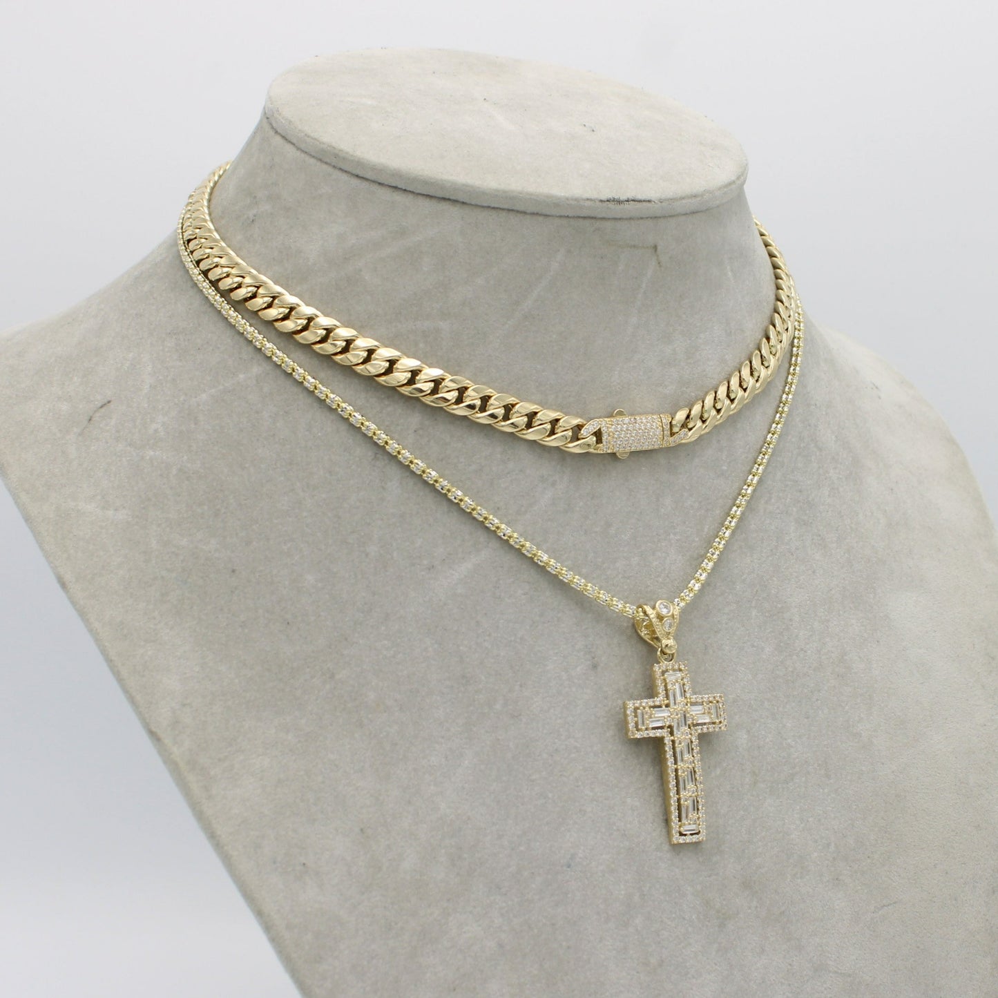 14K Set Choker (16") With Ice Chain (18") With Cross Pendant Cz Stones Yellow Gold