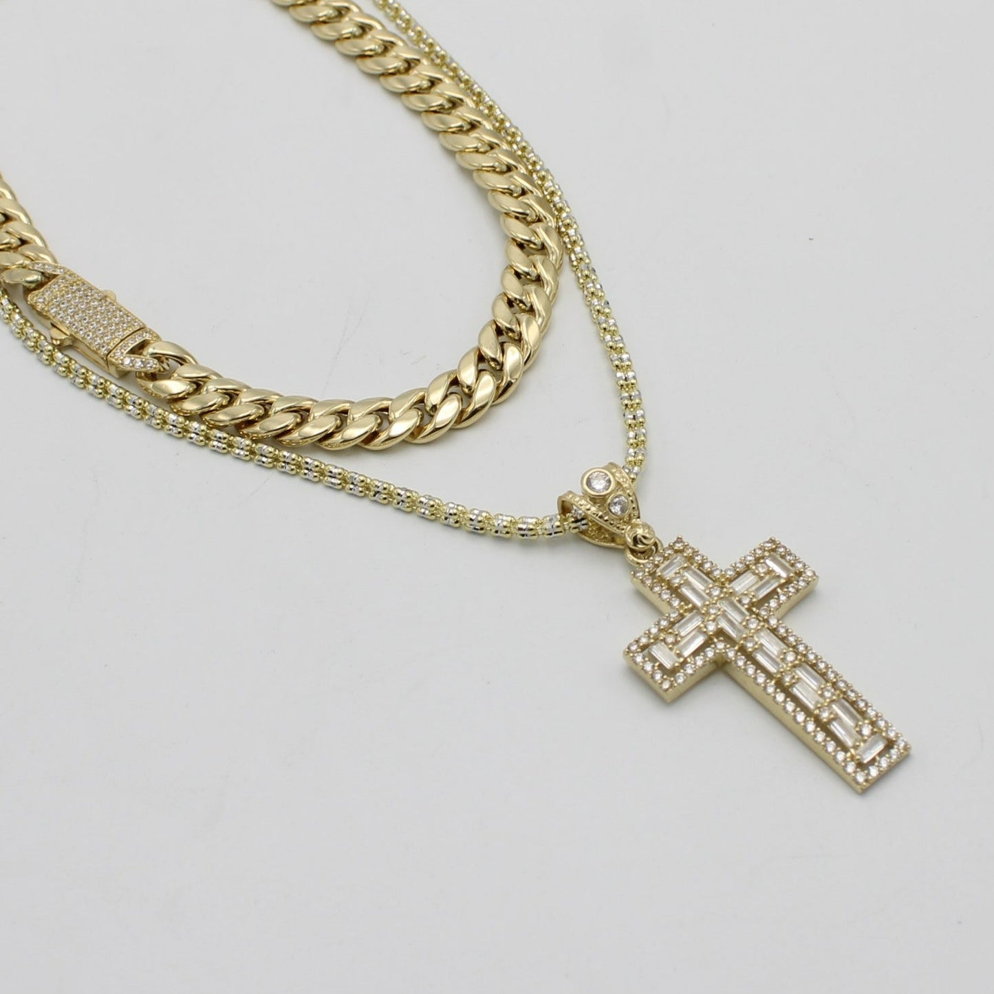 14K Set Choker (16") With Ice Chain (18") With Cross Pendant Cz Stones Yellow Gold