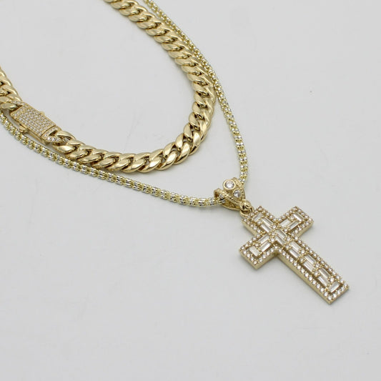 14K Set Choker (16") With Ice Chain (18") With Cross Pendant Cz Stones Yellow Gold