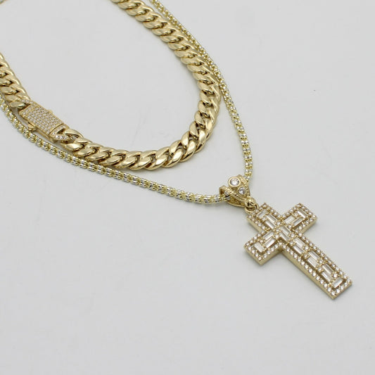 14K Set Choker (18") With Ice Chain (20") With Cross Pendant Cz Stones Yellow Gold