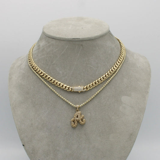 14K Set Choker (16") With Ice Chain (18") With Initial Name Pendant Cz Stones Yellow Gold