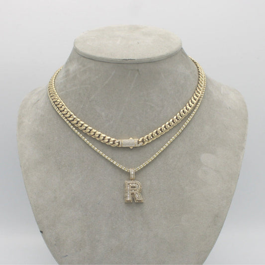 14K Set Choker (16") With Ice Chain (18") With Initial Name Pendant Cz Stones Yellow Gold