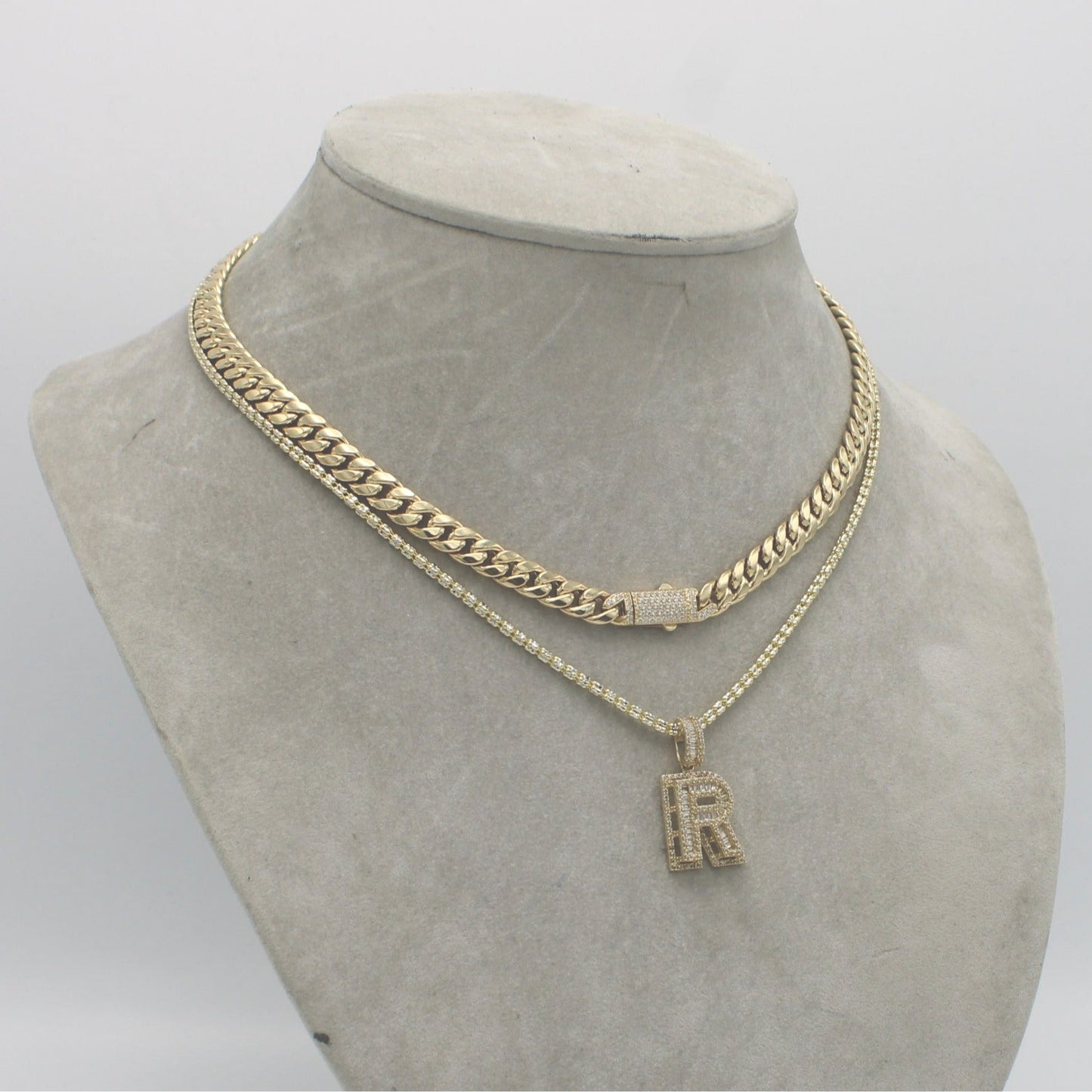 14K Set Choker (16") With Ice Chain (18") With Initial Name Pendant Cz Stones Yellow Gold