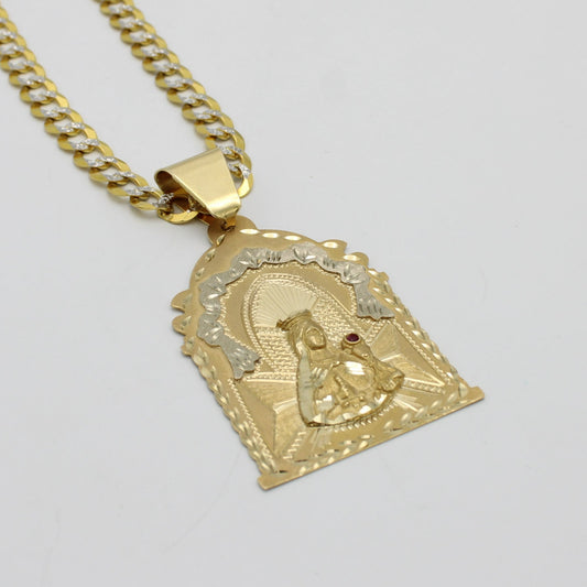 14K Santa Barbara Pendant With Solid Flat Cuban Chain Two Tones Yellow Gold