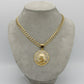 14K Round Santa Barbara Pendant With Solid Flat Cuban Chain Two Tones Yellow Gold