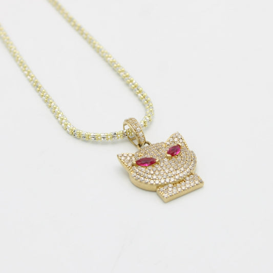 14K Cat Pendant Cz Stones With ice Chain Yellow Gold