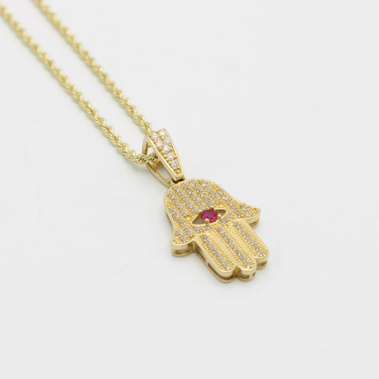14K Hamsa Pendant  ( Red ) Cz Stones With Rope Chain Yellow Gold