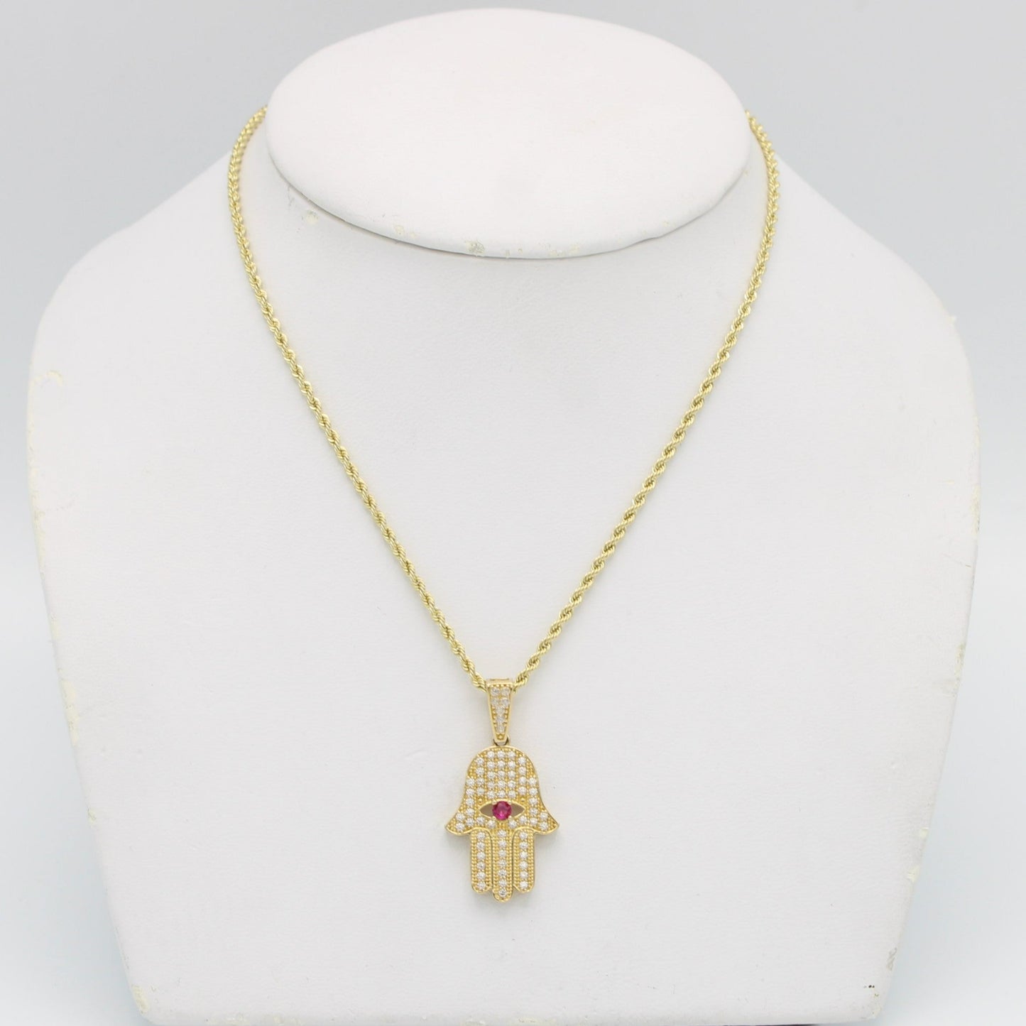 14K Hamsa Pendant  ( Red ) Cz Stones With Rope Chain Yellow Gold