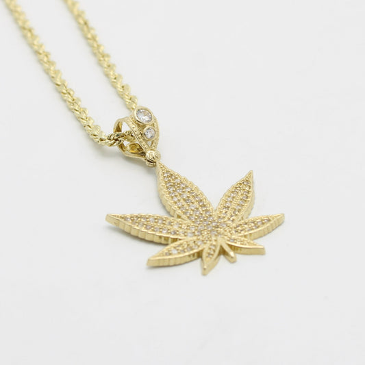 14K Weed Pendant  With Rope Chain Yellow Gold