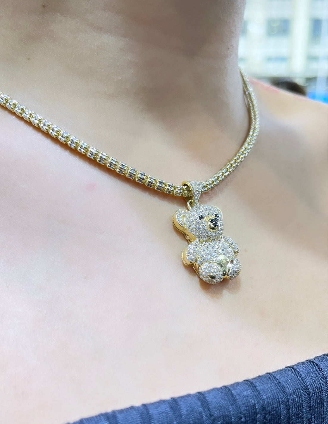 14K Teddy Bear Pendant with Ice Chain Yellow Gold