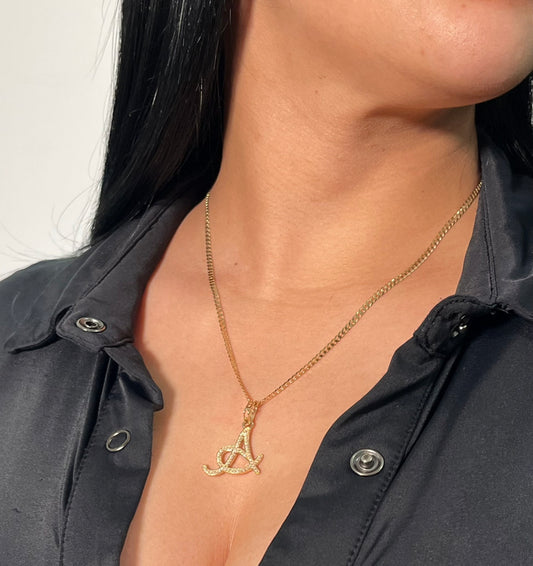 14K Initial Name Pendant with Solid Cuban Chain Yellow Gold