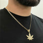 14K Weed Pendant Cz Stones With Semi-Solid Flat Cuban Chain Two Tones Yellow Gold