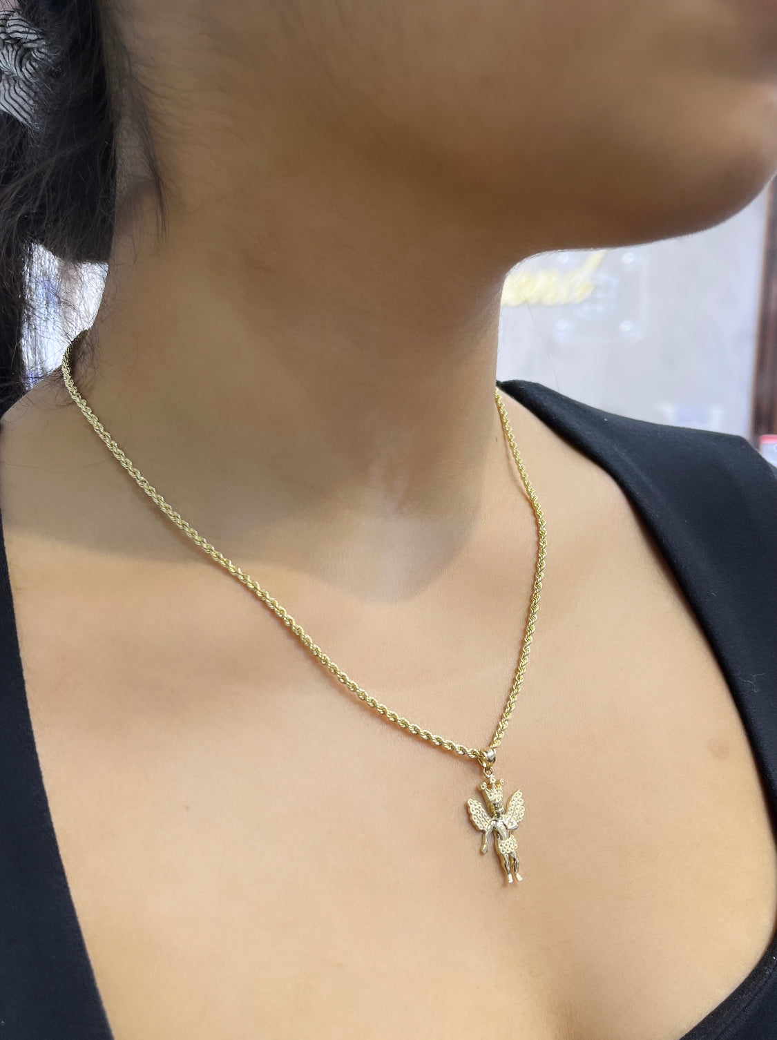 14K Angel Pendant with Hollow Rope Chain Yellow Gold