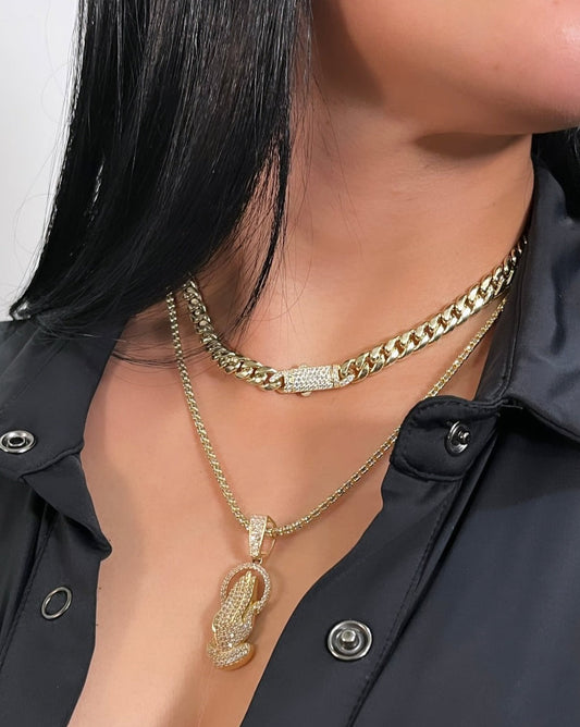 14K Set Choker Miami Cuban With Ice Chain With Pray Cz Stones Yellow Gold