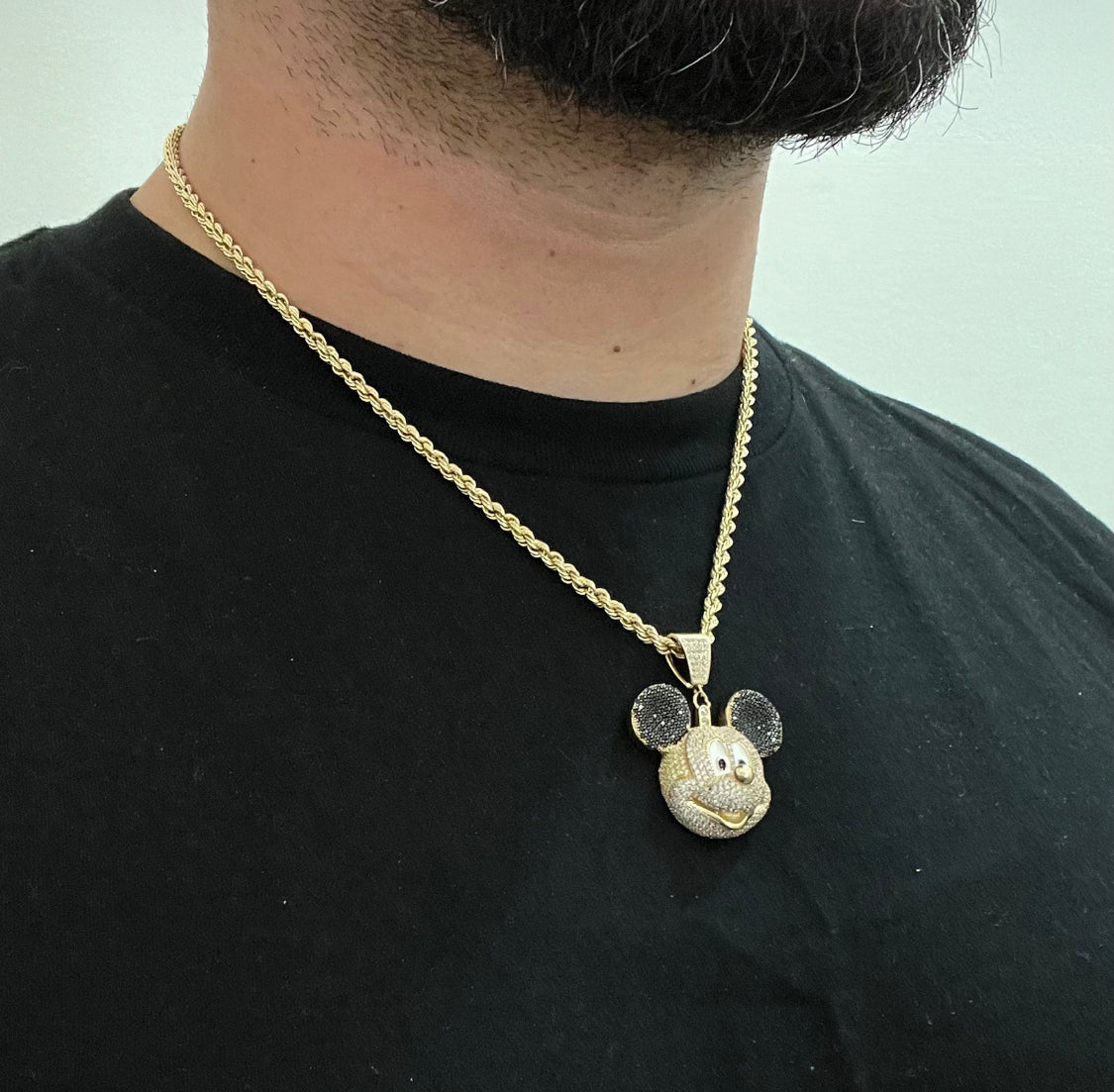 14K Mickey Mouse Cz Stones  With Rope Chain Yellow Gold