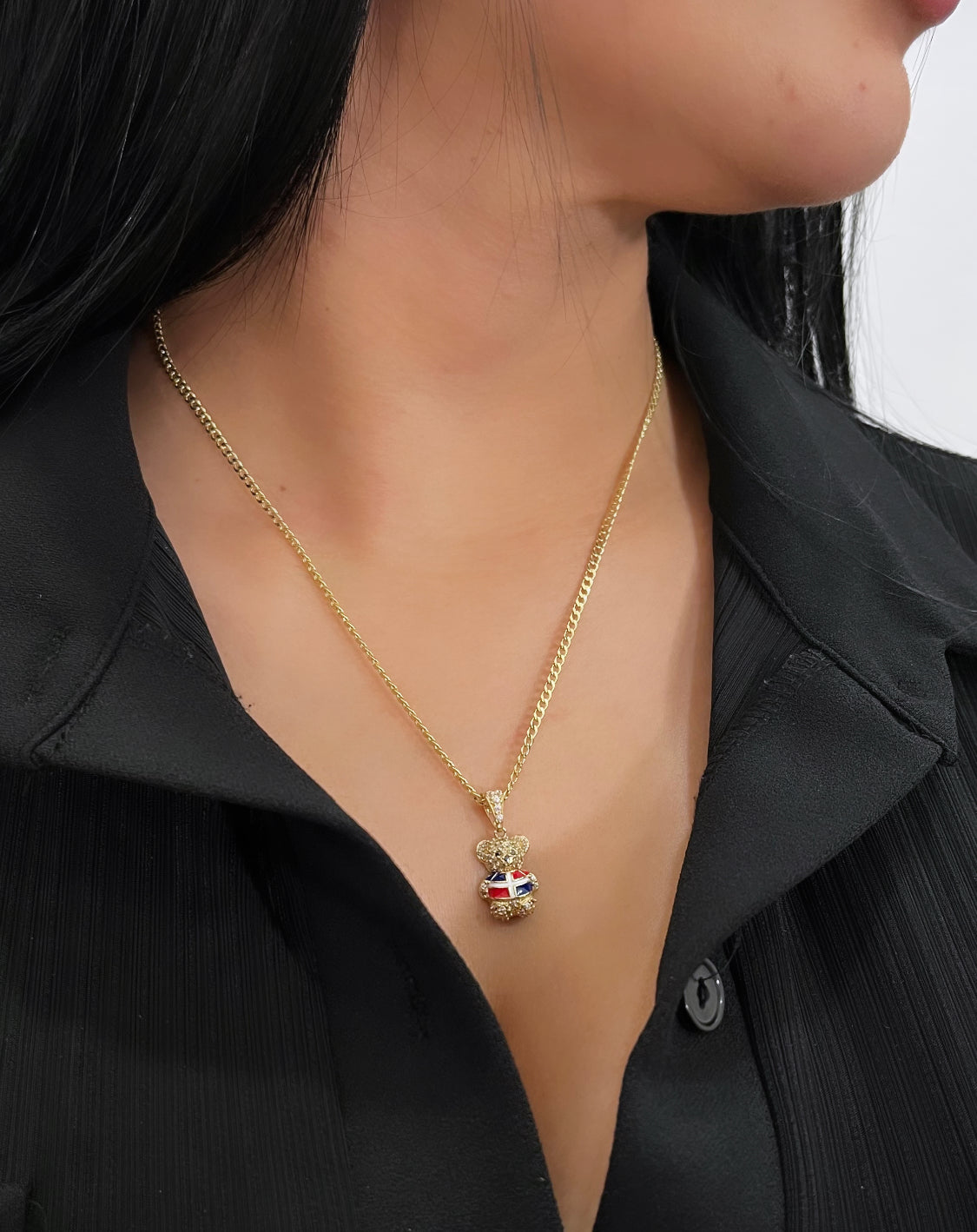 14k Teddy Bear Dominican Flag Pendant Cz Stones With Flat Cuban Chain Yellow Gold