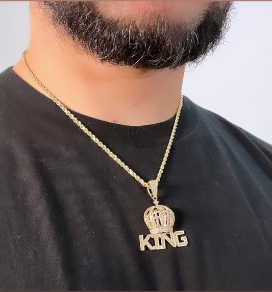 14K Crown King Pendant Cz Stones With Rope Chain Yellow Gold