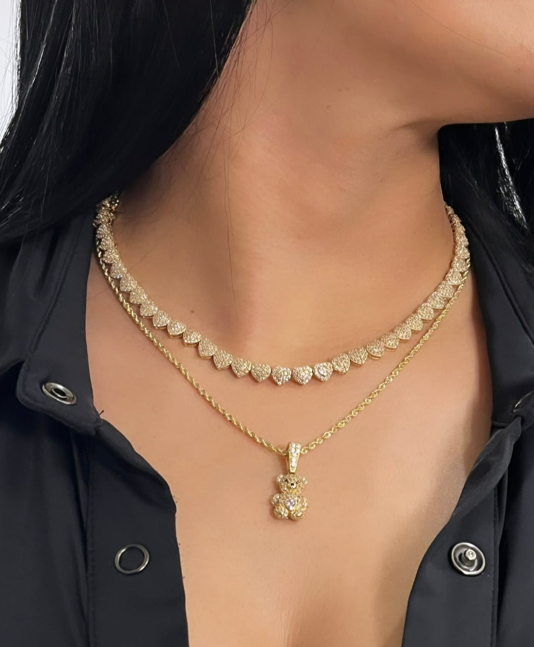 14K Set Heart Choker Full Cz Stones With Rope Chain With Teddy Bear Cz Stones Yellow Gold