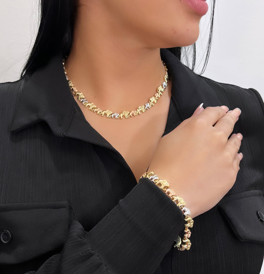 14K Elephan Choker And Bracelet Three Tones Gold