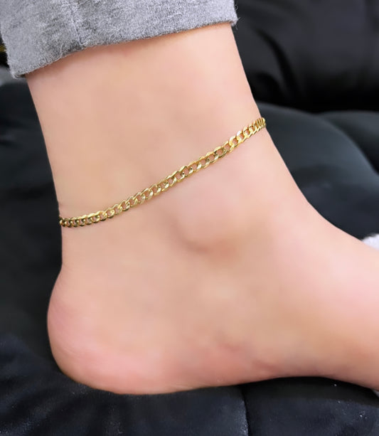 14k Flat Cuban Ankle Bracelet Yellow Gold